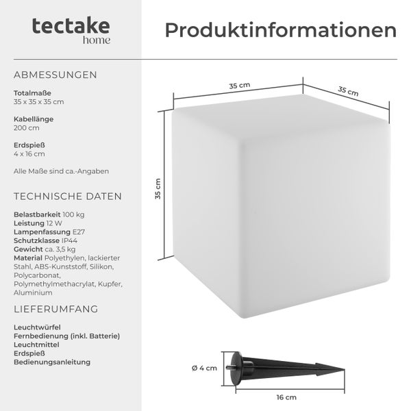 tectake Luminous Cube Leuchtwürfel Luminous Cube, LED, mit Fernbedienung  Belastbarkeit 100 kg, inkl. Erdspieß weiß