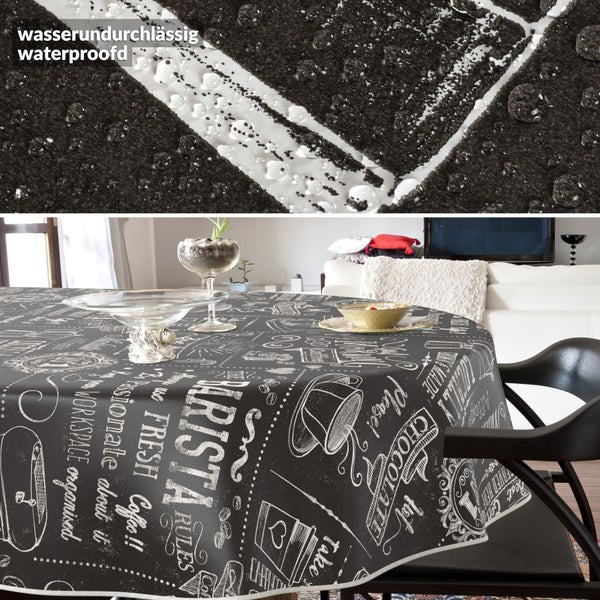 Wasserdichte Tischdecke mit Kaffeemotiv auf einem Esstisch
