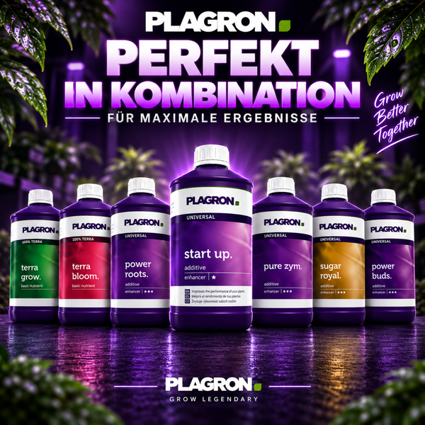 Plagron Pflanzennährstoffe in Flaschen für optimales Pflanzenwachstum inklusive Plagron Logo und Produktnamen wie Terra Grow und Power Roots.