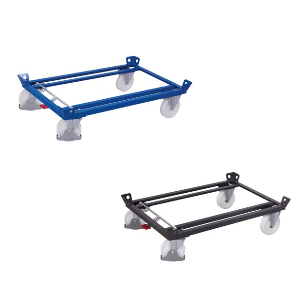 Paletten-Fahrgestell aus pulverbeschichtetem Stahl in Blau und Schwarz mit vier Rollen für den Transport von Paletten.
