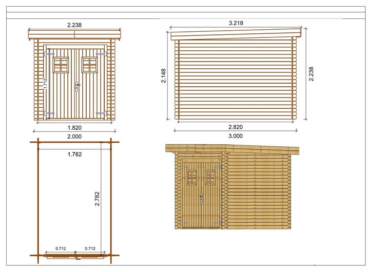 Gartenhaus, Gerätehaus 6m2 - 2x3m - 19mm - Imprägniert