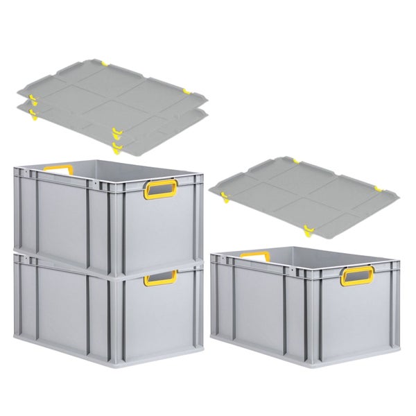 PROREGAL Spar Set 3x Eurobox Nextgen Color Mit Auflagedeckel & Schiebeschnappverschlüsse HxBxT 32 x 40 x 60 cm Griffe Gelb Offen Verstärkter Boden