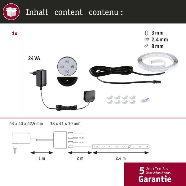 Lieferumfang LED-Strip-Set: 2,4 Meter LED-Streifen, Netzteil, Fernbedienung mit Halterung und Montageclips. 5 Jahre Garantie.