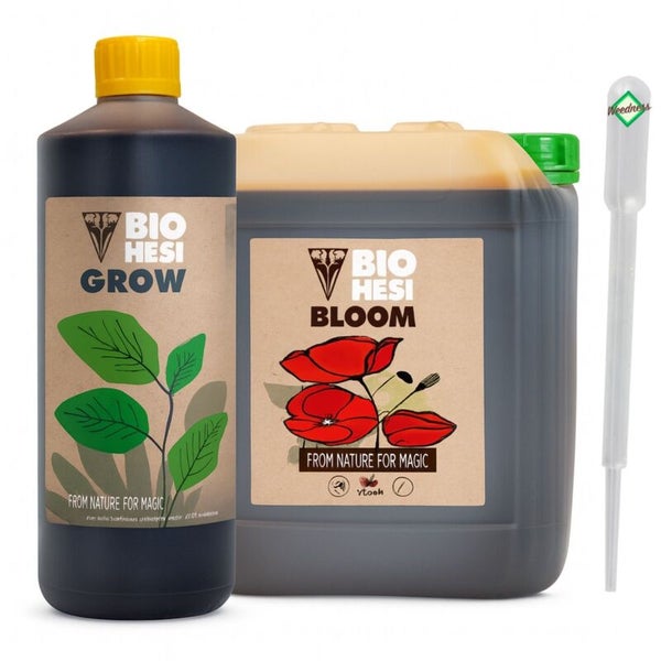 Bio Hesi Grow Düngerflasche, Bio Hesi Bloom Düngerkanister und Pipette mit Weedness Logo für Pflanzenwachstum und Blüte.