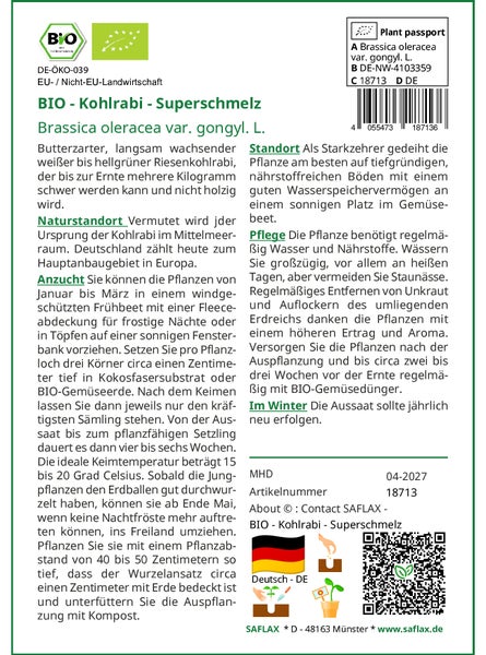 SAFLAX Geschenk Set - BIO - Kohlrabi - Superschmelz - Brassica oleracea var. gongyl. L. - 20 Samen - Mit Geschenkbox, Versandaufkleber, Geschenkkarte und Anzuchtsubstrat