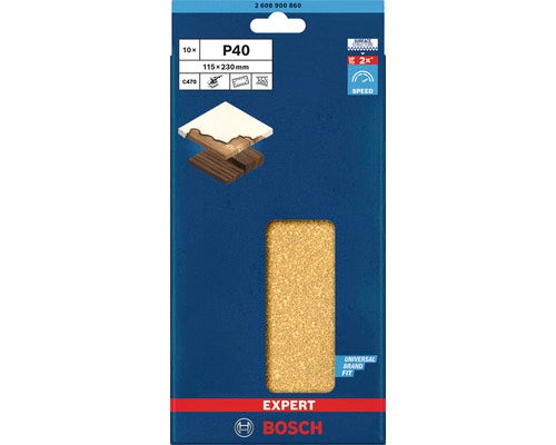 Packung Schleifpapier der Körnung P40, 115 x 230 Millimeter, 10 Stück, geeignet für Holz und Farbe. Bosch Logo.