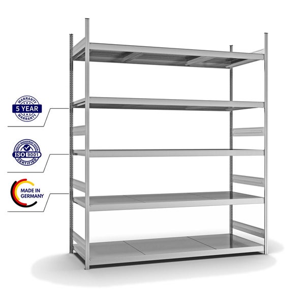 PROREGAL Weitspannregal Stecksystem T-Profil Grundregal HxBxT 300x250x80 cm 5 Ebenen Stahlplatten Fachboden Fachlast 350 kg Verzinkt