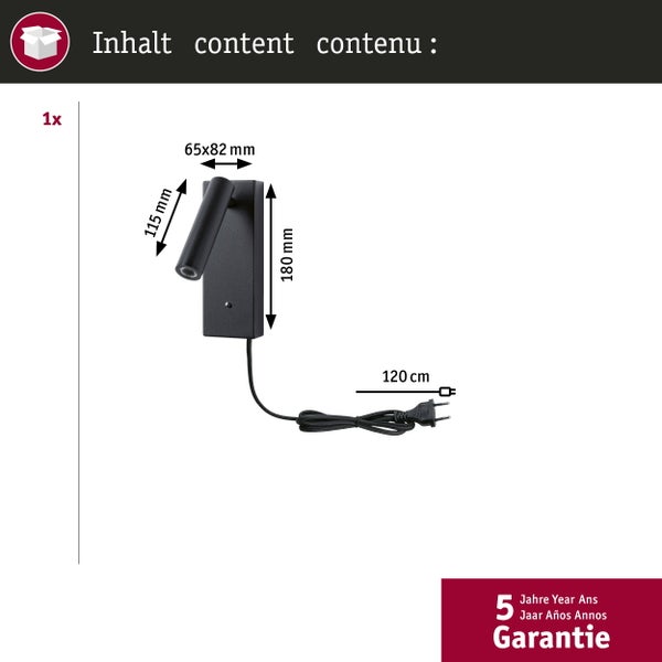 Wandleseleuchte in Schwarz mit Stecker. Spot 115 Millimeter, Gehäuse 180 mal 65 mal 82 Millimeter, Kabel 120 Zentimeter. 5 Jahre Garantie.