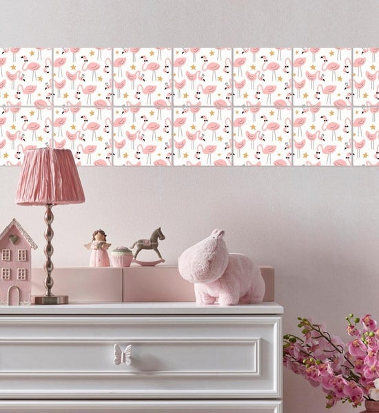 Fliesensticker, Stickerfliesen rosa Flamingos, selbstklebend, bedruckt, ideal für Badezimmer und Küche im 12 Stück a 15x15cm_TS0606