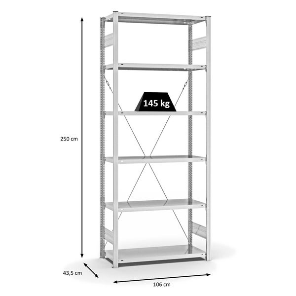 PROREGAL Fachbodenregal Stecksystem T-Profil Light-Duty Grundregal HxBxT 250 x 100 x 40 cm 6 Ebenen Fachlast 145 kg Einseitig Nutzbar Lichtgrau