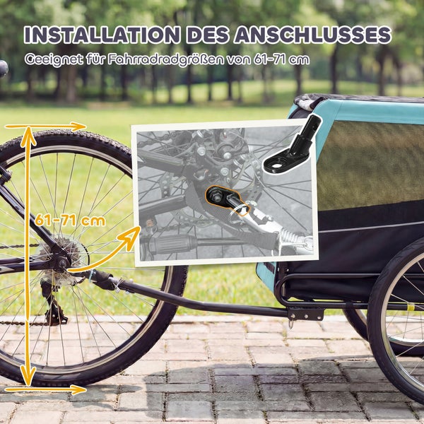 Installation der Fahrradanhänger-Kupplung am Hinterrad eines Fahrrads mit einem Raddurchmesser von 61 bis 71 Zentimetern.