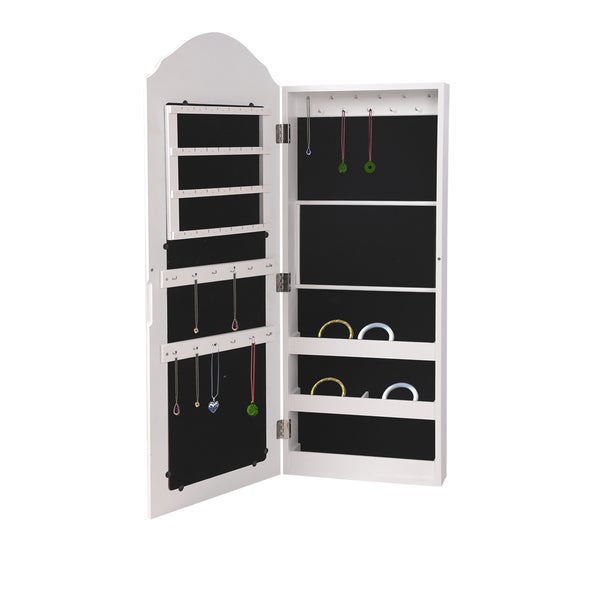 ML-Design Schmuckschrank Weiß, hängend, Wandschrank mit Spiegel und zahlreichen Fächern, 35x95x9 cm, Wandmontage, für Ketten, Ohrringe, Ringe, Spiegelschrank aus MDF Holz, Standschrank Wandspiegel