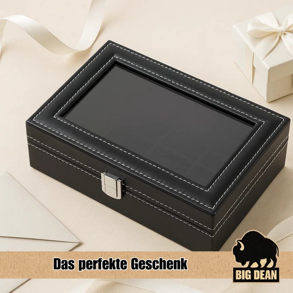 Big Dean Uhrenbox für 12 Uhren bis 48 Millimeter. Maße 30 mal 20 mal 8 Zentimeter. Gewicht circa 850 Gramm. Big Dean Logo.