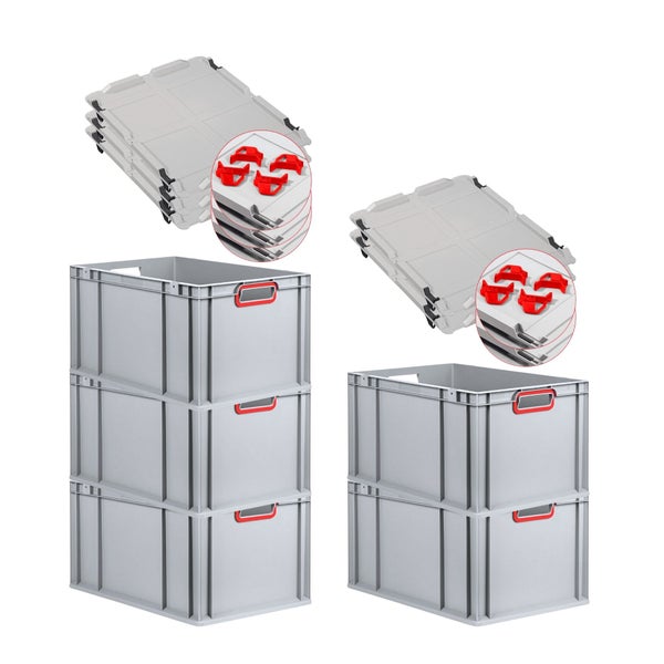 PROREGAL Spar Set 5x Eurobox Nextgen Color Mit Auflagedeckel & Schiebeschnappverschlüsse HxBxT 32 x 40 x 60 cm Griffe Rot Offen Verstärkter Boden