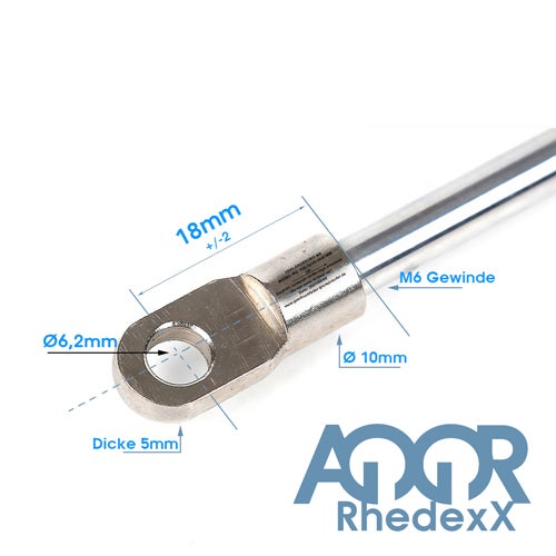 AQOR RhedexX Verlängerungsset für Batteriekabel mit M6 Gewinde, 6,2 Millimeter Ringöse, 5 Millimeter Dicke und 10 Millimeter Durchmesser.