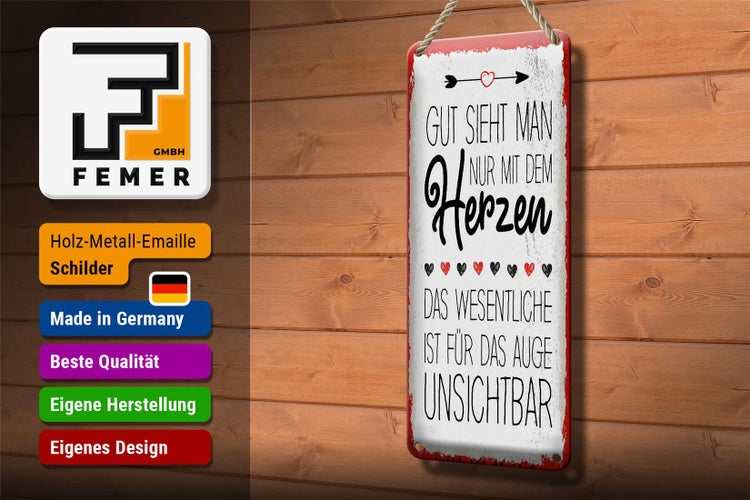 Blechschild Spruch Gut sieht man nur mit dem Herzen 10x27cm