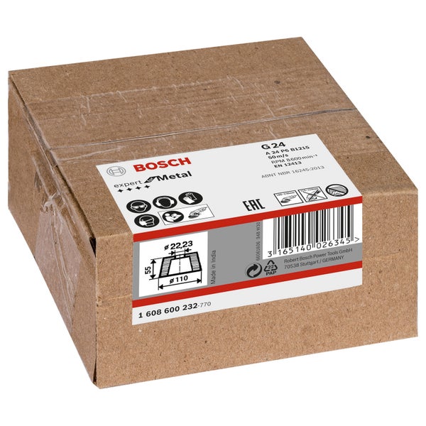 Verpackung einer Bosch Trennscheibe für Metall mit den Abmessungen Durchmesser 22,23 Millimeter und Durchmesser 110 Millimeter