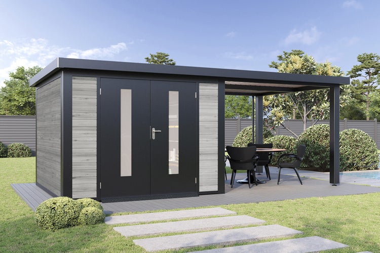 Modernes Gartenhaus mit Flachdach und integrierter Terrasse, Doppeltür mit Lichtausschnitten und Holzoptik-Elementen in einem Garten.