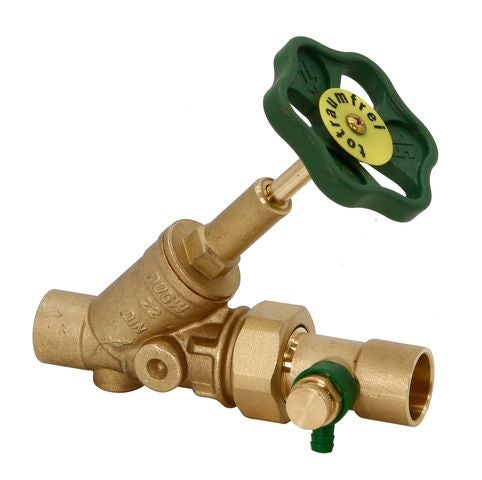 Freistromventil aus Messing mit grünem Handrad und Entleerungsventil.