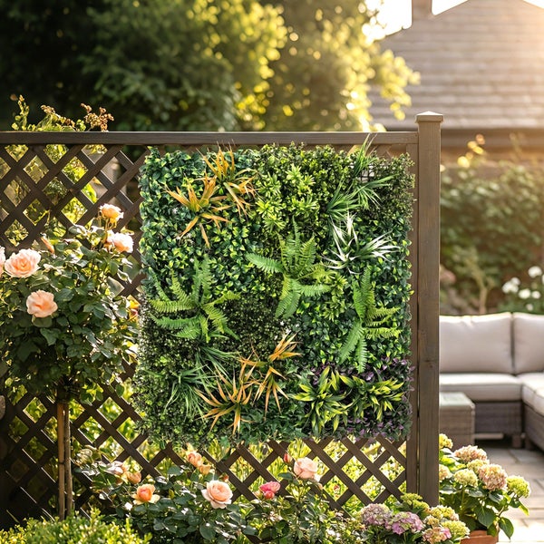 Künstliche Pflanzenwand mit Farnen und Gräsern an einem Holz-Rankgitter in einem hellen Garten.