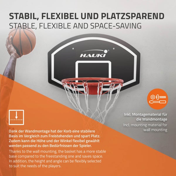 Hauki Basketballkorb-Set mit Ring Ø 41 cm und Netz, 71 x 45 cm, Schwarz, Basketball-Backboard für Wandmontage, wetterfest, In/Outdoor, Hängender Basketballbrett Basketballring, für Erwachsene & Kinder