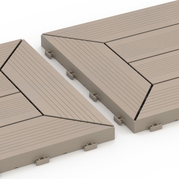 Braune Klickfliesen aus Holz-Kunststoff-Verbundwerkstoff für Terrasse und Balkon mit gerillter Oberfläche.