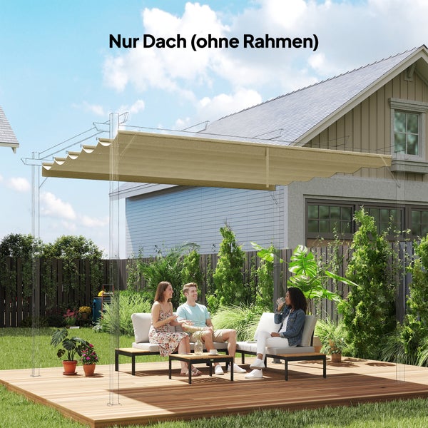 Ersatzdach für Pergola aus Stoff in einem Garten mit Lounge Möbeln auf einer Holzterrasse ohne Rahmen.