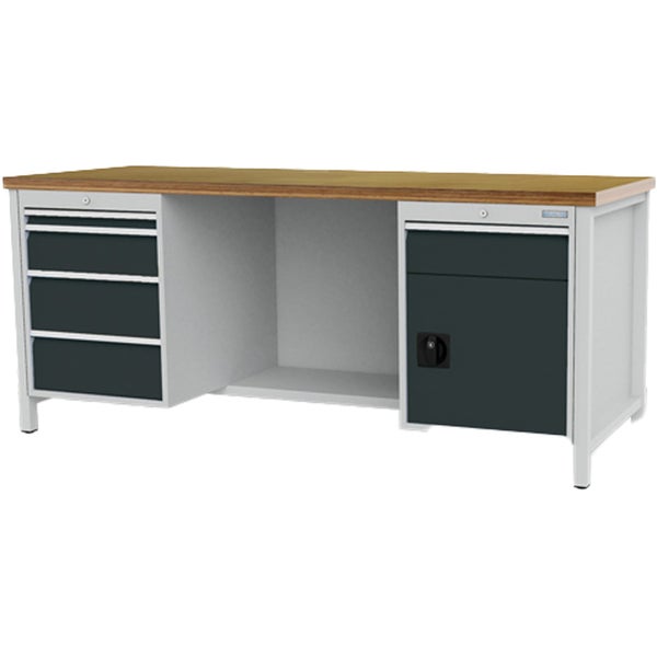 Werkbank mit Buche-Arbeitsplatte, links drei Schubladen, rechts eine Schublade und ein Schrankfach, Metallgestell.