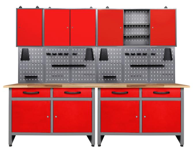 Ondis24 Werkstatt Set Werner 240 cm 3 Schränke rot, Werkstatteinrichtung, Werkbank