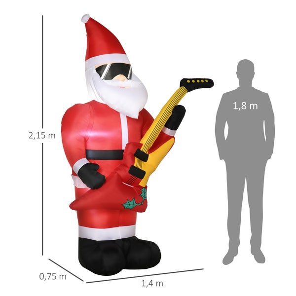 Outsunny 215 cm Aufblasbarer Weihnachtsmann mit E-Gitarre, LED Selbstaufblasend, 140L x 75B x 215H cm, Polyester, Rot