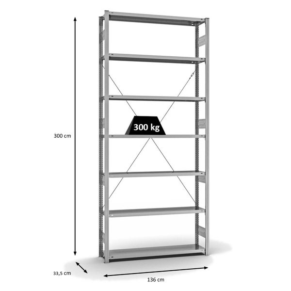PROREGAL Fachbodenregal Stecksystem T-Profil Heavy-Duty Grundregal HxBxT 300 x 130 x 30 cm 7 Ebenen Fachlast 300 kg Einseitig Nutzbar Verzinkt