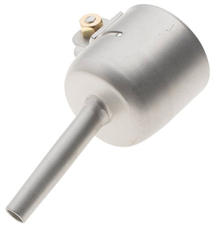 Schnellschweißdüse für Heißluftgebläse aus Metall mit runder Düsenöffnung und Klemmschraube für Kunststoffschweißarbeiten.