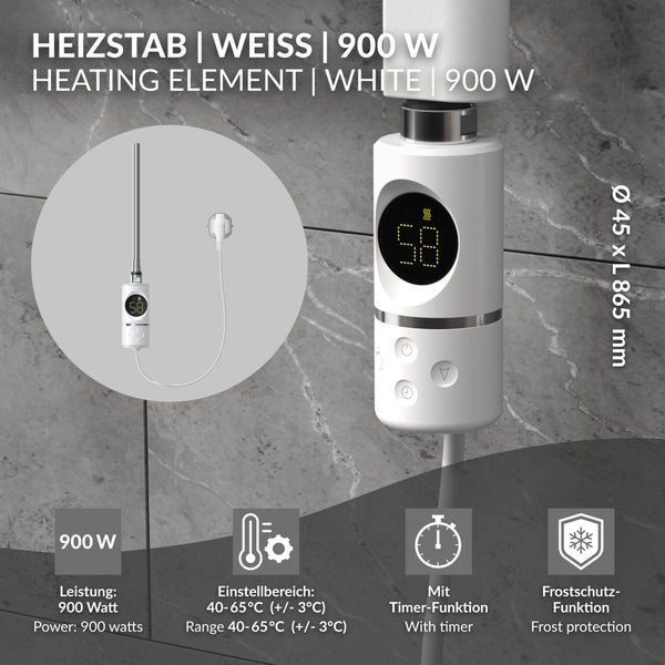 Weißer Heizstab 900 Watt, Durchmesser 45 Millimeter, Länge 865 Millimeter, mit Timer, Frostschutz und Digitalanzeige für 40 bis 65 Grad Celsius.