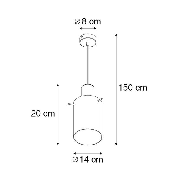 Maßzeichnung Pendelleuchte: Gesamthöhe 150 Zentimeter, Schirm 20 Zentimeter hoch, Durchmesser 14 Zentimeter, Baldachin 8 Zentimeter.