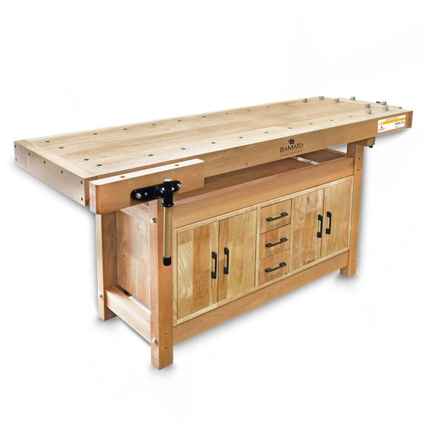 Hobelbank aus Holz mit Schubladen und Schraubstock