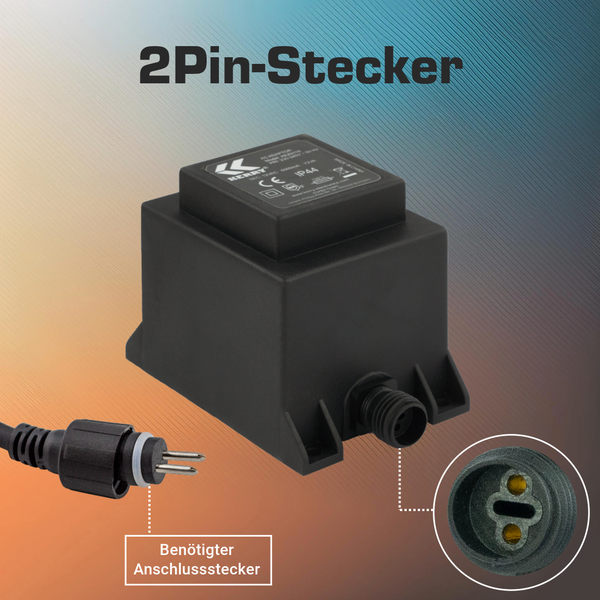 Kerry IP44 Transformator mit zwei-Pin-Steckeranschluss und Detailansicht der Buchse.