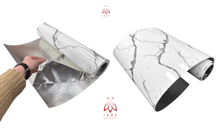 Selbstklebende Möbelfolie mit Marmormuster und silberner Rückseite