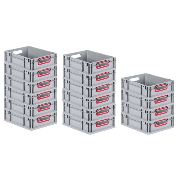 PROREGAL Spar Set 16x Eurobox Nextgen Color HxBxT 12 x 30 x 40 cm 11 Liter Griffe Rot Offen Glatter Boden Eurobehälter Transportbox