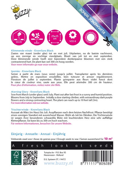 Samenpackung Trichterwinde Knowlians Black mit Informationen zu Aussaat, Pflanzzeit und Blütezeit