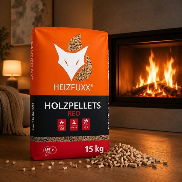 15 Kilogramm Sack Heizfuxx Holzpellets Red vor einem brennenden Kamin. Die EN plus A1 zertifizierten Holzpellets liegen lose auf dem Holzboden.
