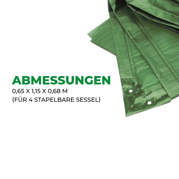 Abdeckhaube für 4 Stapelsessel mit den Maßen 0,65 mal 1,15 mal 0,68 Meter.