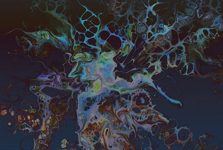 Abstraktes Wandbild mit Fluid-Art-Muster, organischen Formen und Zellstrukturen.