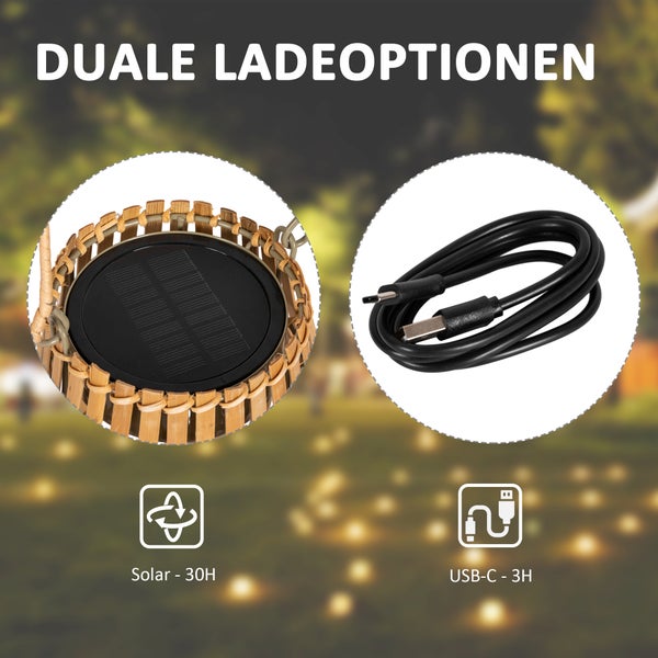 Outsunny Solar-Gartenlampe, USB-aufladbar Wegleuchte, Gartenleuchte mit 3 Lichtfarben, Griff, Solarleuchte mit Bambusschirm, für Garten, Balkon, Natur, IP44