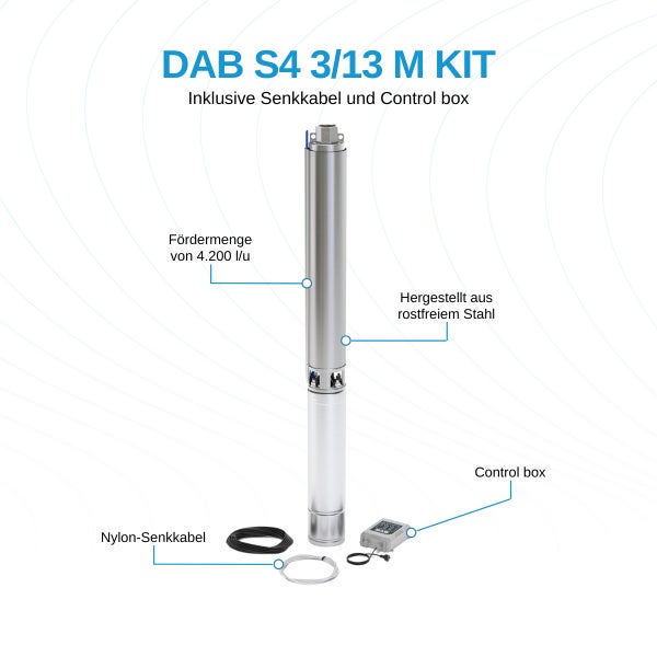 DAB S4 3/13 M KIT Brunnenpumpe - 4.200 L/Std. - 1200W - Förderhöhe 72 m - Rostfreier Stahl - Tiefbrunnenpumpe - Tiefwasserpumpe