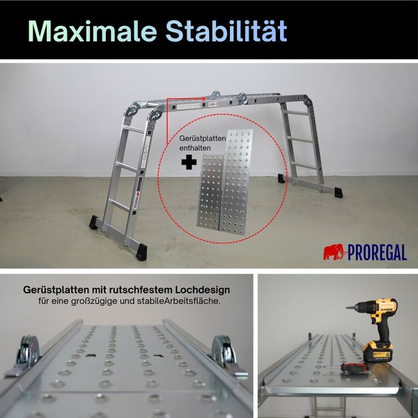 Aluminium-Multifunktionsleiter als Gerüst mit rutschfestem Lochdesign der Stahlplatten für maximale Stabilität. Proregal Logo.