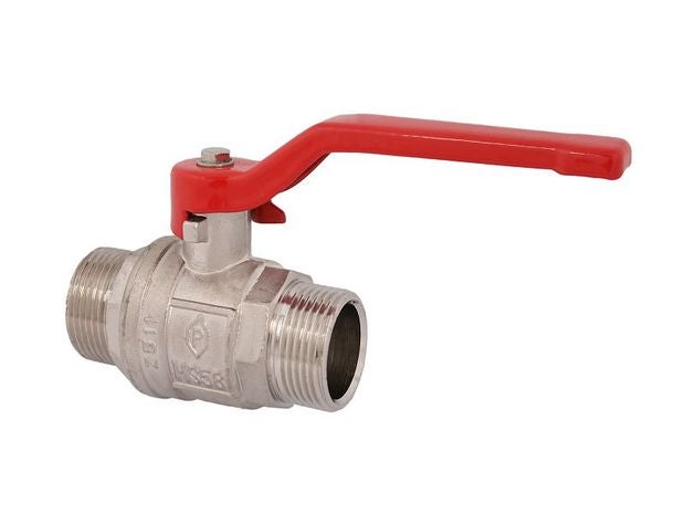 Kugelhahn aus Messing mit zwei Außengewinden und einem roten Hebelgriff.