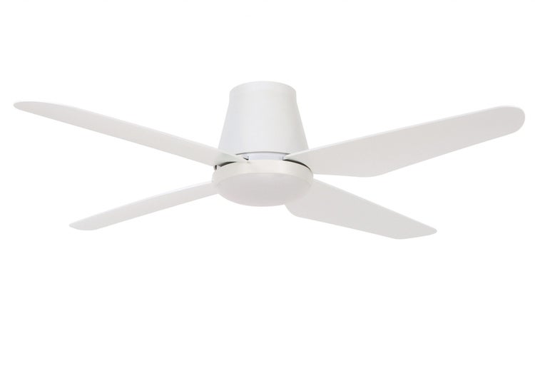 Deckenventilator mit vier Rotorblättern und integrierter Beleuchtung zur Deckenmontage.