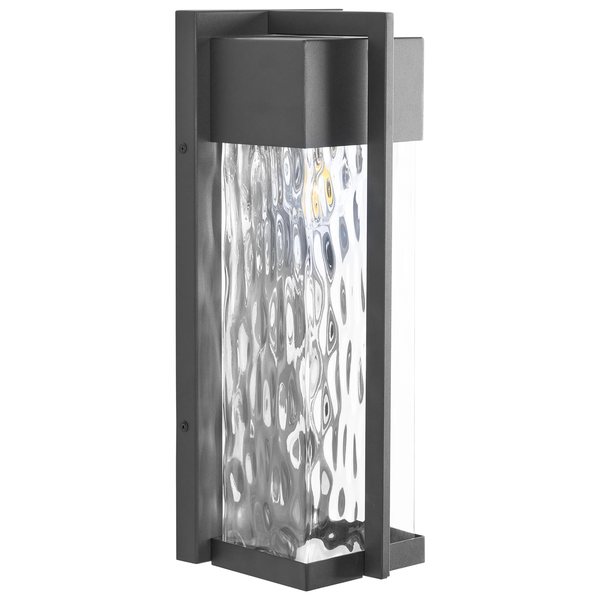 Rechteckige Außenwandleuchte in Anthrazit mit Metallrahmen und gewelltem Glas.