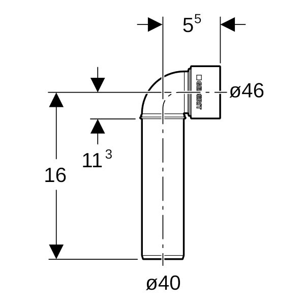 Geberit 90 Grad Bogen mit Geberit Logo. Maße: Höhe 16 Zentimeter, Breite 5,5 Zentimeter, Durchmesser 40 und 46 Millimeter.
