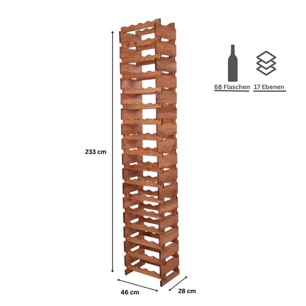 Weinregal VINOTECA FLEX PRO HxBxT 233x46x28cm 68 Flaschen auf 17 Ebenen Massives Kiefernholz Braun geölt
